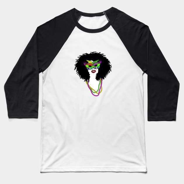 Mardi Gras Mask and Beads | Afro Hair Woman | Cherie's Art(c)2022 Baseball T-Shirt by CheriesArt